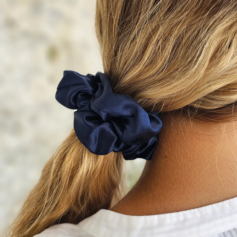 Navy Blue Scrunchie Styled in a Polytail - Close Up