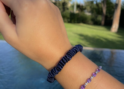 Navy Blue Silk Hair Tie On Model's Wrist - Silk Hairbands