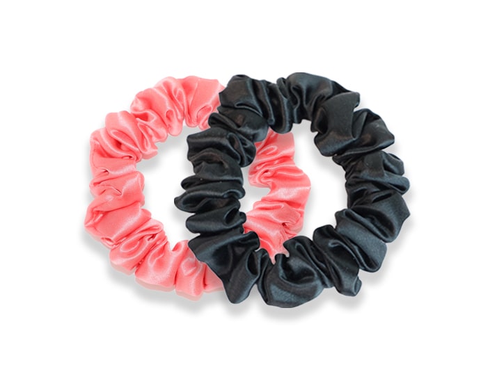 Set of 2 Coral Pink/Black Midi Silk Scrunchies