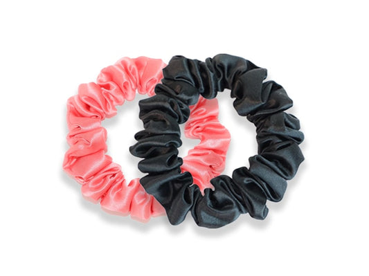 Set of 2 Coral Pink/Black Midi Silk Scrunchies