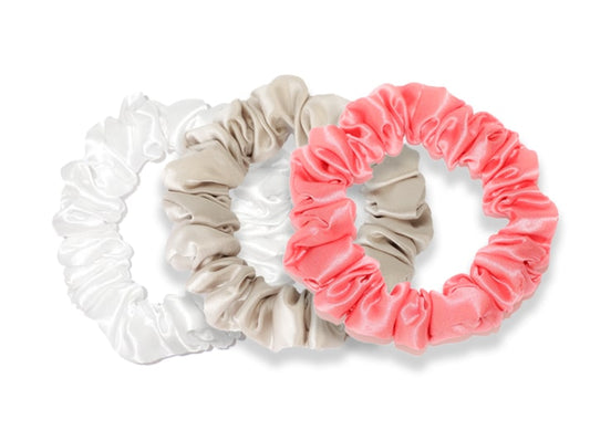 White/Champagne/Coral Pink Midi Silk Scrunchies Set of 3 - Silk Hair Scrunchies