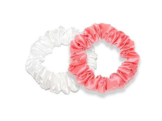 White & Coral Pink Midi Silk Scrunchies - The Silk Club