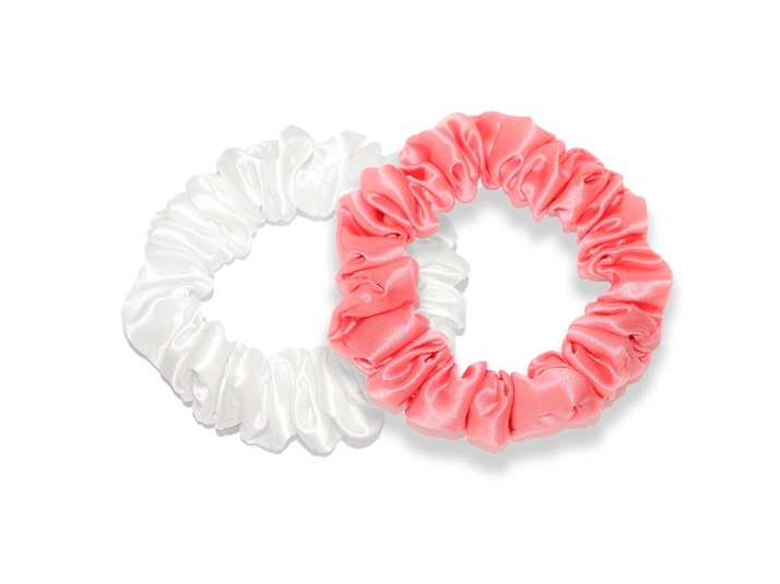 White & Coral Pink Midi Silk Scrunchies - Set of 2 Small Silk Scrunchies