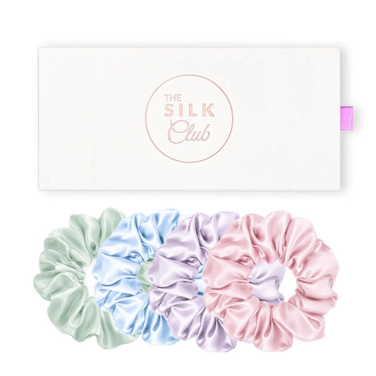 Pastel Shades Silk Scrunchie Gift Set Featuring Mint Green, Coastal Blue, Lilac & Pink