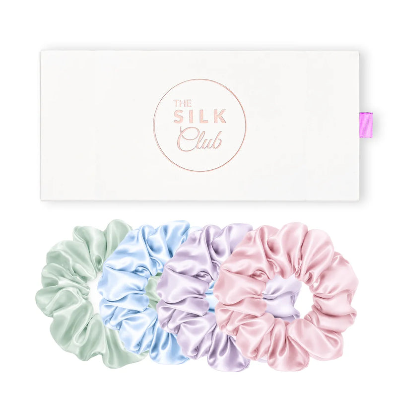 Pastel Shades Silk Scrunchie Gift Set Featuring Mint Green, Coastal Blue, Lilac & Pink