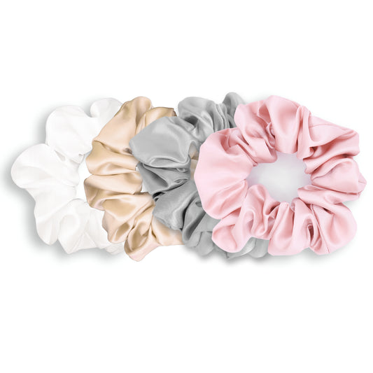 Pearl Edit Silk Scrunchie Gift Set Featuring White, Champagne, SIlver and Pink Scrunchies