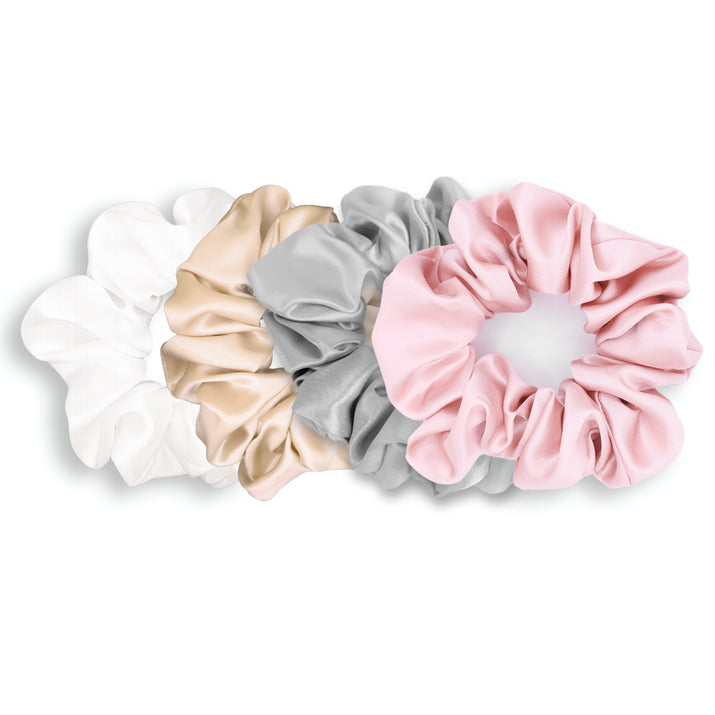 Pearl Edit Silk Scrunchie Gift Set Featuring White, Champagne, SIlver and Pink Scrunchies