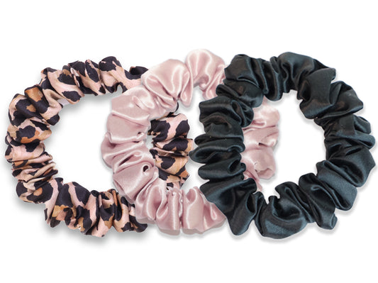 Leopard Print, Pink & Black Small Silk Scrunchie Set