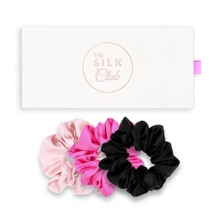 Pink, Flamingo Pink and Black Silk Scrunchie Gift Set With Gift Box