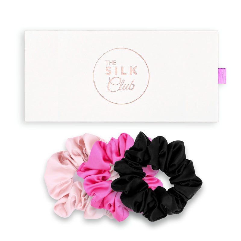 Pink, Flamingo Pink and Black Silk Scrunchie Gift Set With Gift Box
