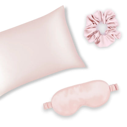 Pink Silk Pillowcase, Eye Mask & Scrunchie Gift Set Bundle