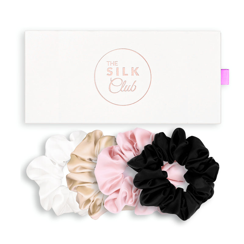White, Champagne, Pink & Black Silk Scrunchie Gift Set With Gft Box