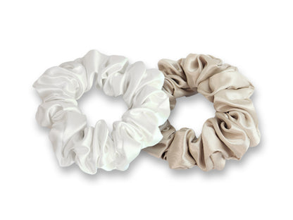 Set of 2 White and Champagne Silk Scrunchies - Silk Hair Scrunchies