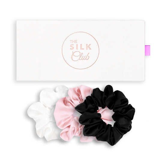 White, Pink & Black Silk Scrunchie Gift Set with Gift Box