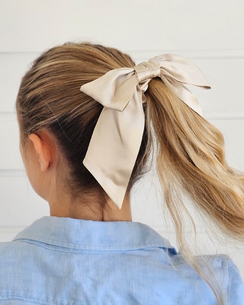 Sleek Ponytail Styled With Champagne Silk Hair Bow Scrunchie - Scrunchie Hairstyle Ideas