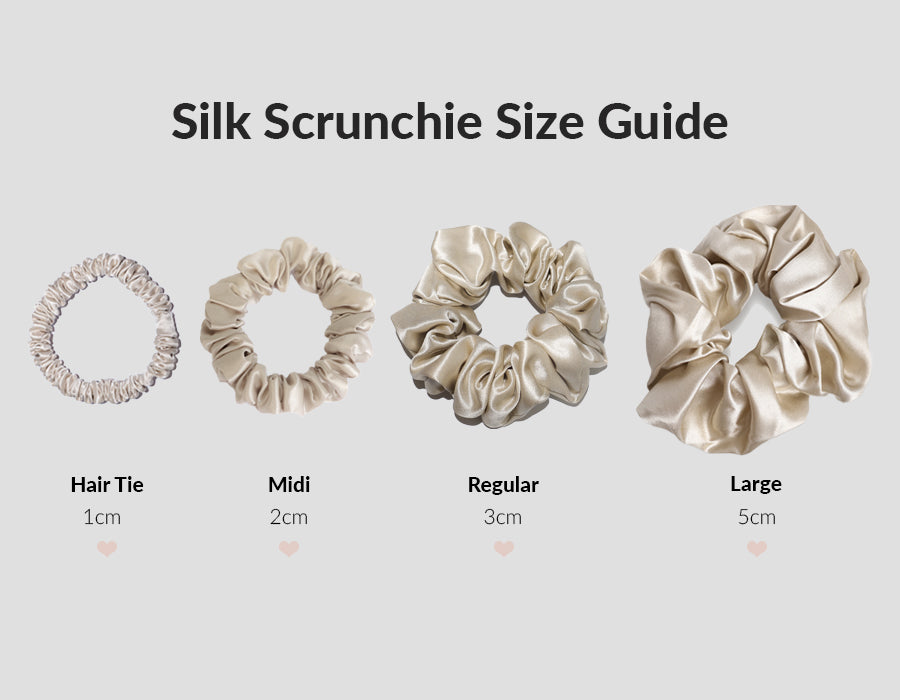 Silk Scrunchie Size Guide - Silk Hair Ties, Midi, Regular & Large - The Silk Club