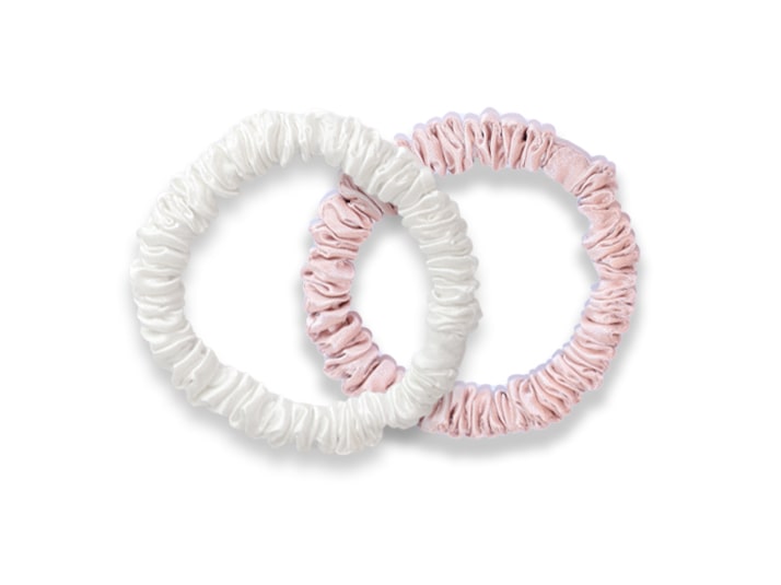 White/Pink Silk Hair Ties - Skinny Silk Scrunchies - Set of 2 Silk Hairbands