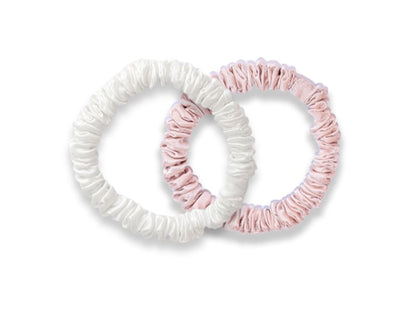 White/Pink Silk Hair Ties - Skinny Silk Scrunchies - Set of 2 Silk Hairbands