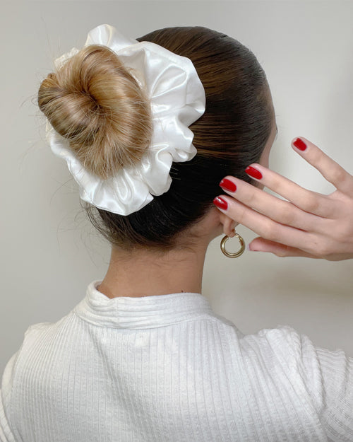 Sleek Bun Styled With Big White Silk Scrunchie - Scrunchie Hairstyle Ideas