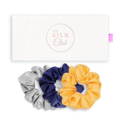 Silver, Navy and Yellow Silk Scrunchie Gift Set with Gift Box