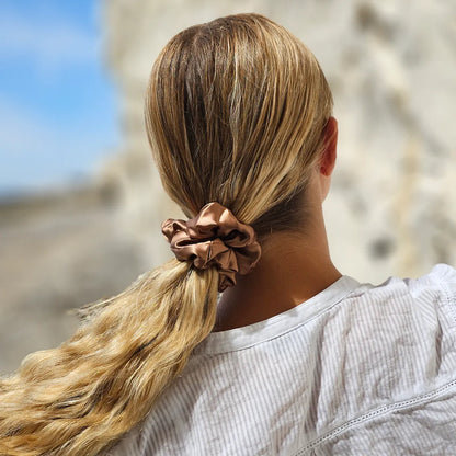 Toffee Bronze Silk Scrunchie Styled in a Ponytail