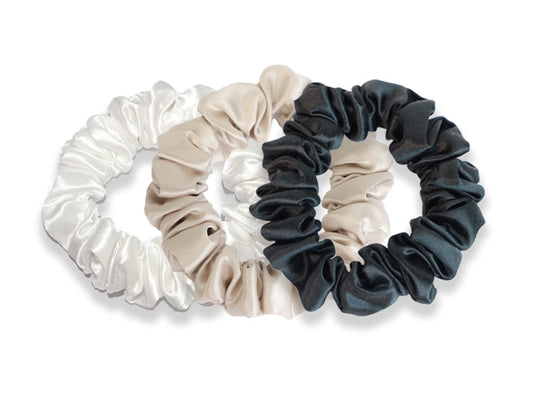 White/Champagne/Black Midi Silk Scrunchies - Set of 3