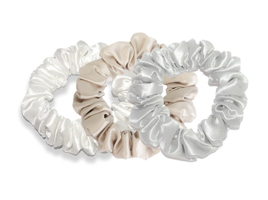 White/Champagne/Light Grey Silk Scrunchies - Set of 3