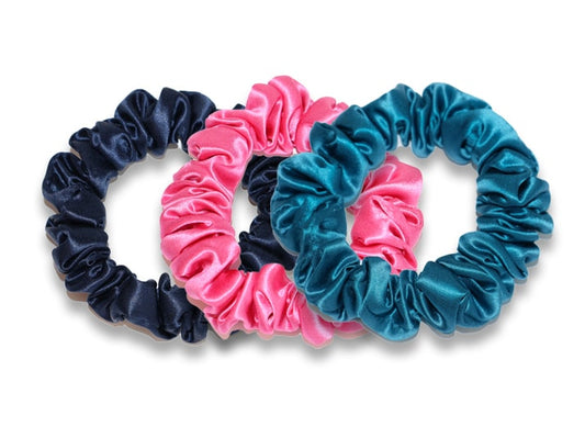 Navy/Azure Blue/Flamingo Pink Midi Silk Scrunchies - Set of 3