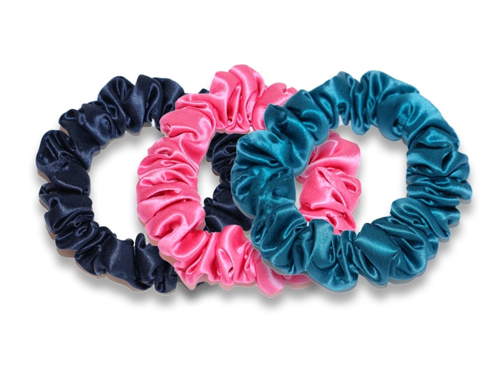 Navy/Azure Blue/Flamingo Pink Small Silk Scrunchies - Set of 3 Small Silk Scrunchies