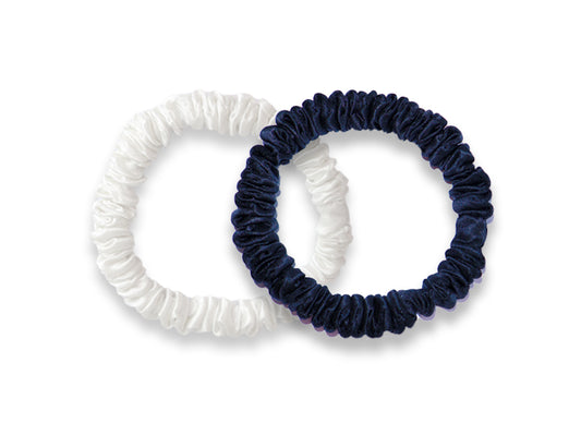 White & Navy Blue Skinny Silk Hair Ties - Silk Hairbands