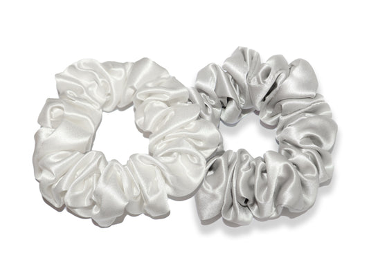 Set of 2 White/Light Grey Silk Scrunchies - 22 Momme Mulberry Silk - Regular