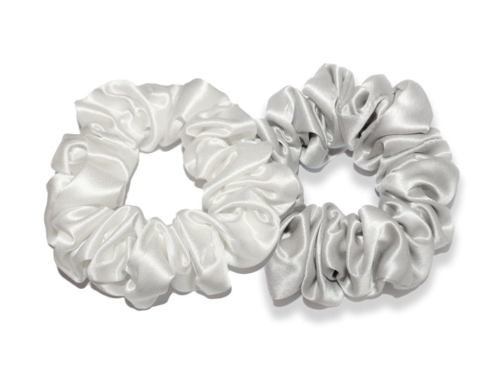 Set of 2 White/Light Grey Silk Scrunchies - 22 Momme Mulberry Silk - Regular