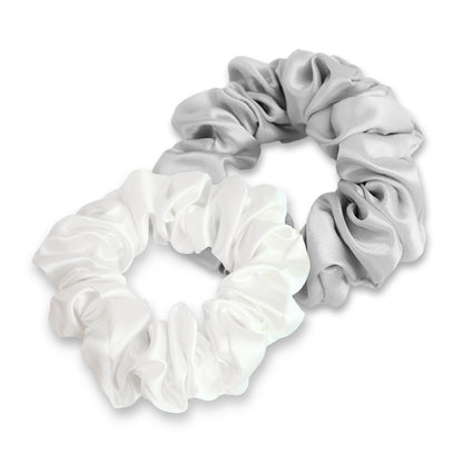 White/Silver Silk Scrunchies - Set of 2