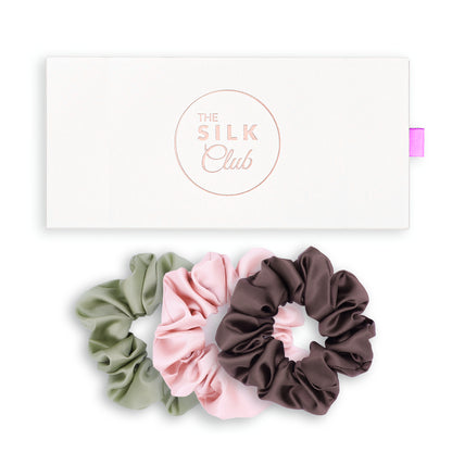 Olive Green, Pink and Brown Silk Scrunchie Gift Set with Gift Box