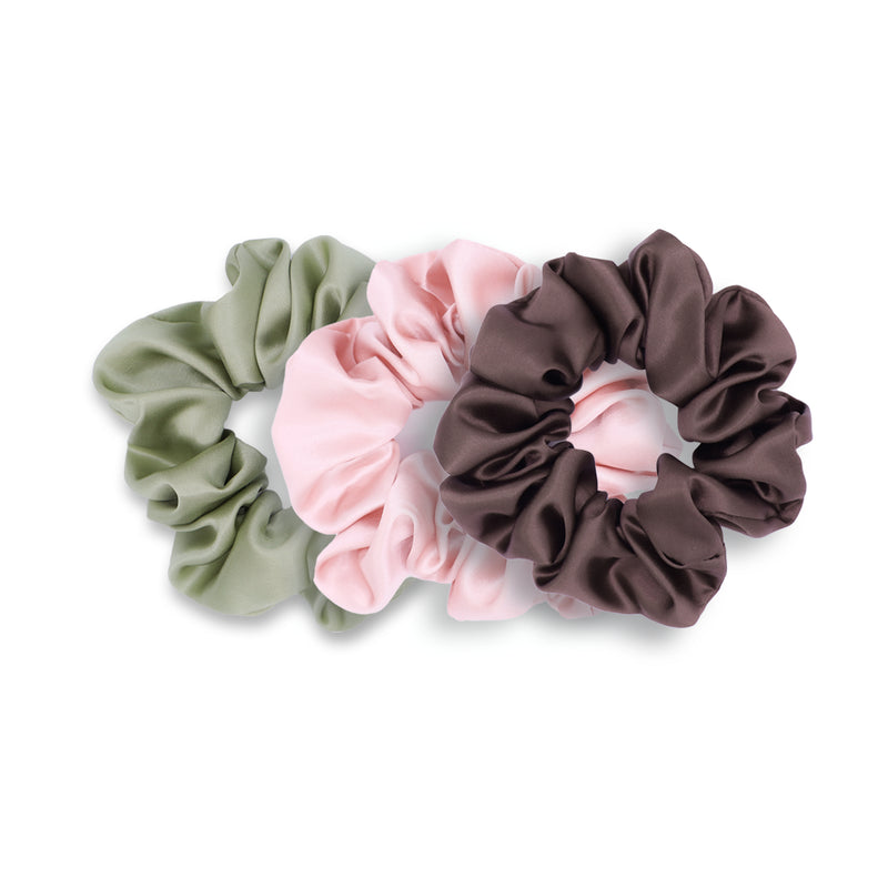 Woodland Bloom Silk Scrunchie Gift Set - Olive Green, Pink and Brown